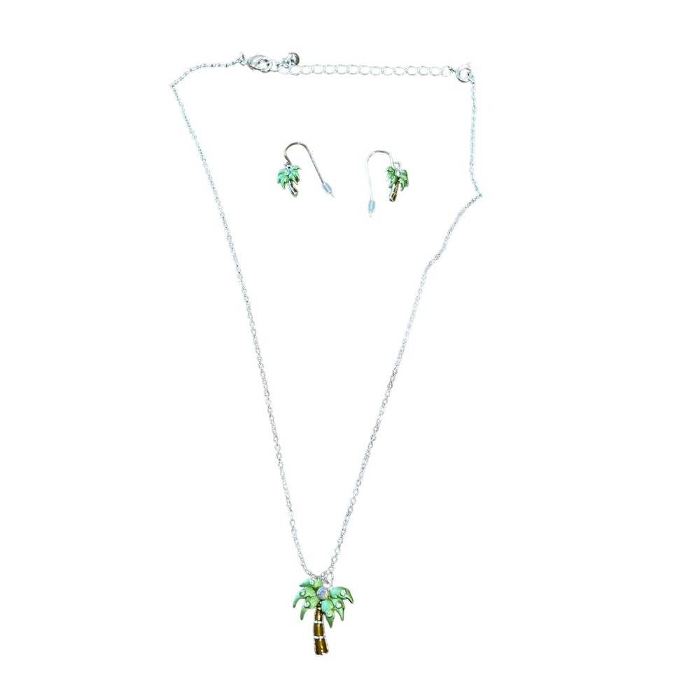 Palm Tree Necklace &‎ Earrings Jewelry Set Silver Tone Green Summer Tropical